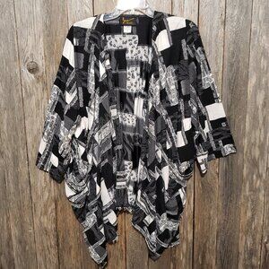 Yon L XL Kimono Duster Top Black White Gray Textured Coverup Shawl Topper Wrap